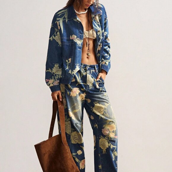 Blue Casual Women's Boho Music Festival Washed Print Denim Jacket - Picture 8 of 9